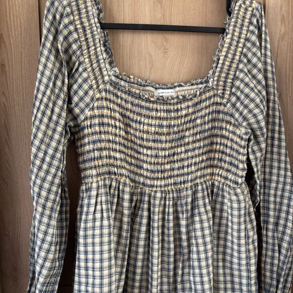 American Eagle Puff Sleeve Ruched Mini Dress Plaid Cottagecore Farm Prairie S - Picture 3 of 5